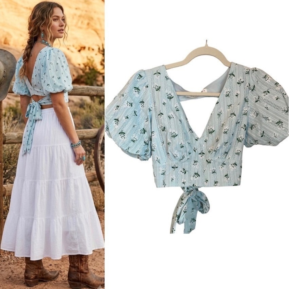 Altar'd State XS Blue Floral Puff Sleeve Tie Back‎ Crop Top Cottagecore Country